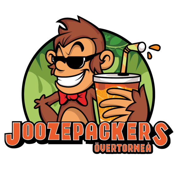 Joozepackers logga med en apa som dricker saft