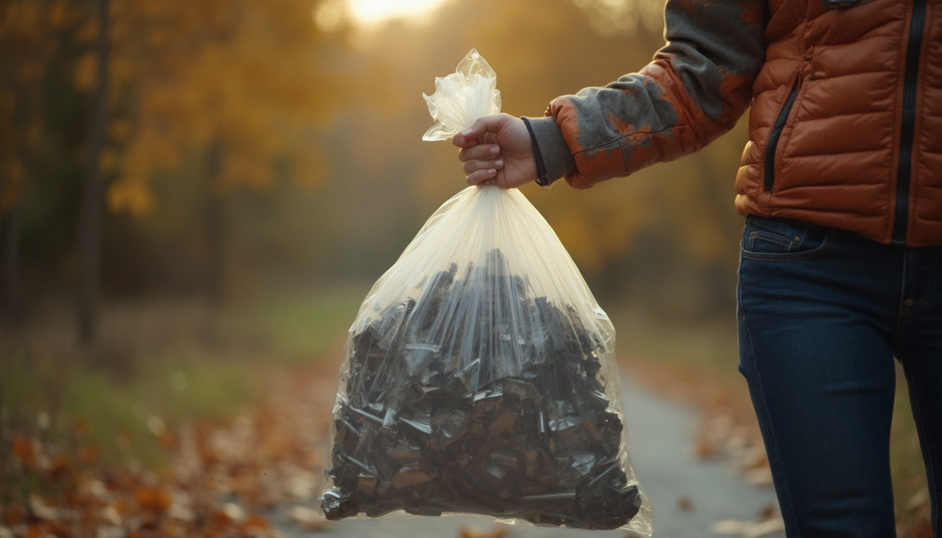 Genomskinlig soppåse med metall i som hålls upp av person i höstlandskap