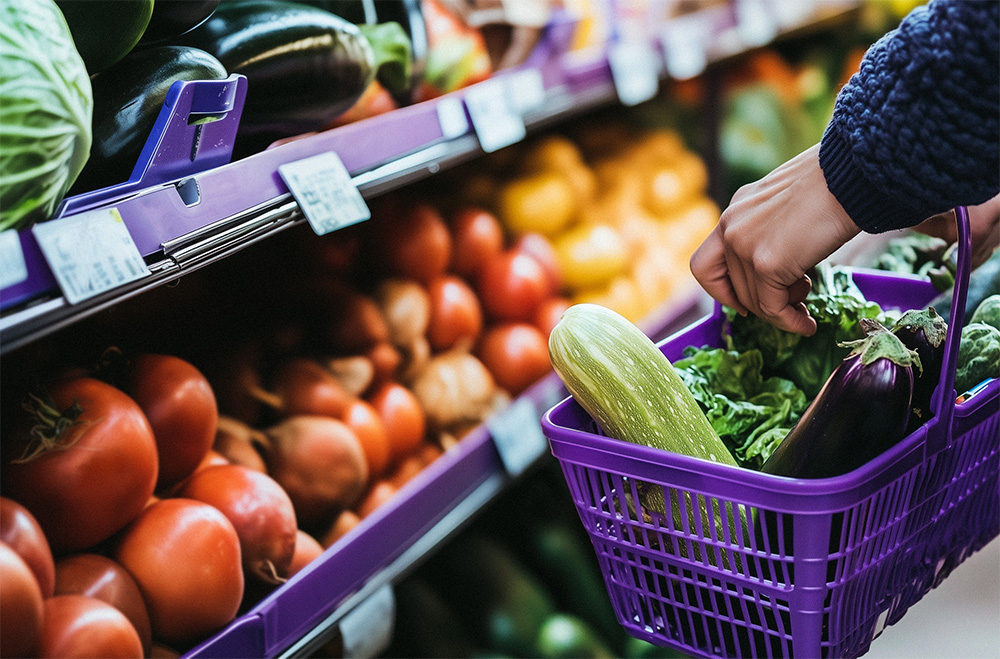 En lila korg som bärs av någon i grönsaksdisken matbutiken.