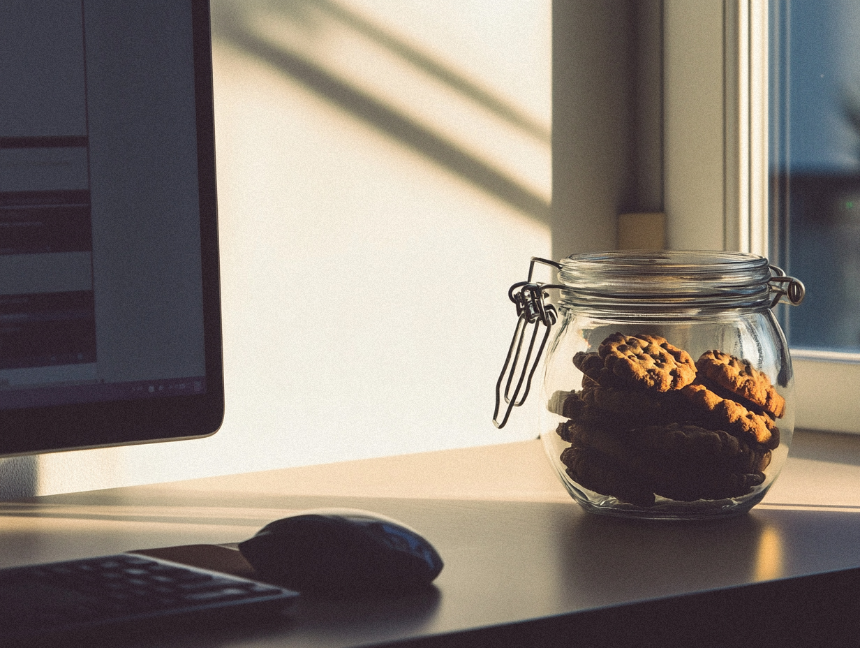 Kakburk i glas bredvid dator. det är kvällsljus och burken är full av kakor